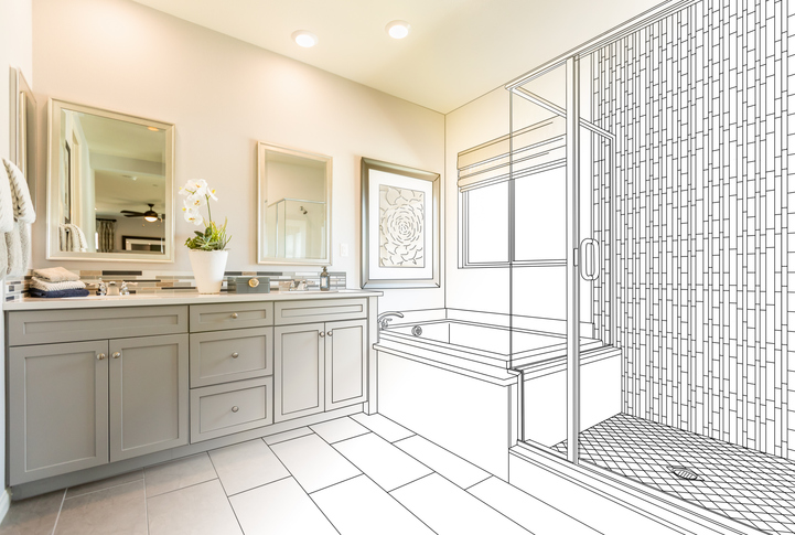 Split bathroom: photo and line drawing